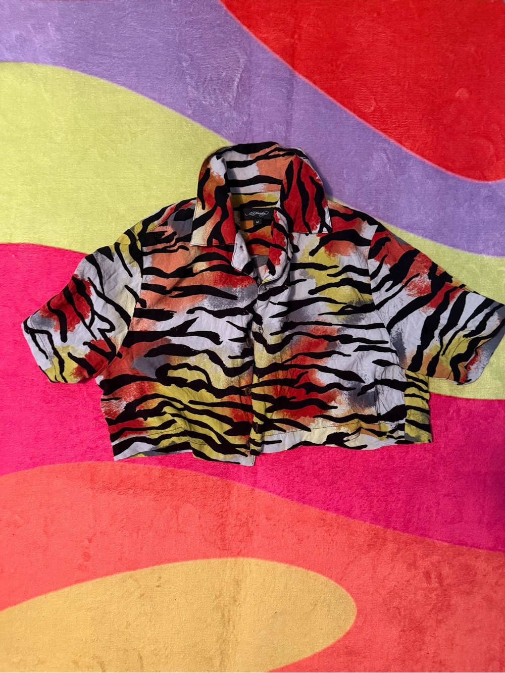 Ed Hardy Multicolor Tiger-Print Cropped Button-Up